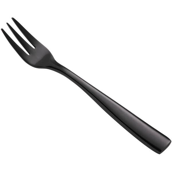 A Bon Chef stainless steel oyster fork with a black handle.