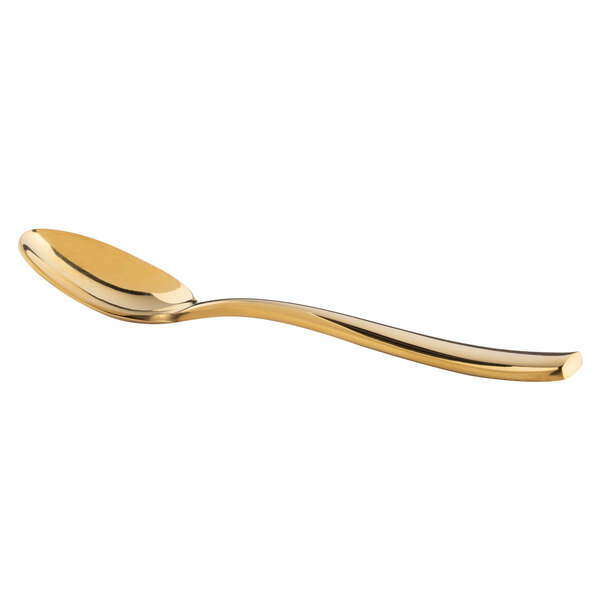 A Bon Chef stainless steel soup/dessert spoon with a gold handle.