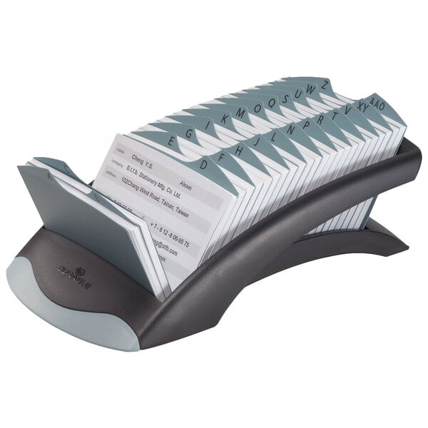 A close-up of a Durable TELINDEX card file holding business cards.