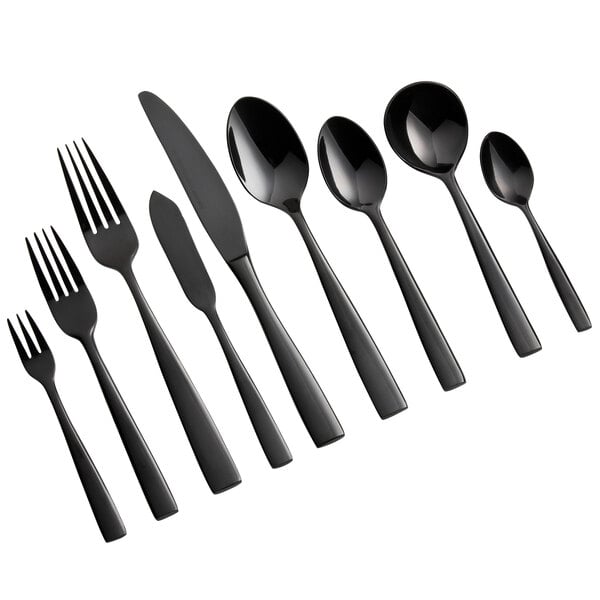A close-up of a black Bon Chef Manhattan salad fork.