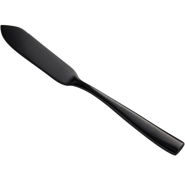 A black stainless steel Bon Chef butter knife with a handle.