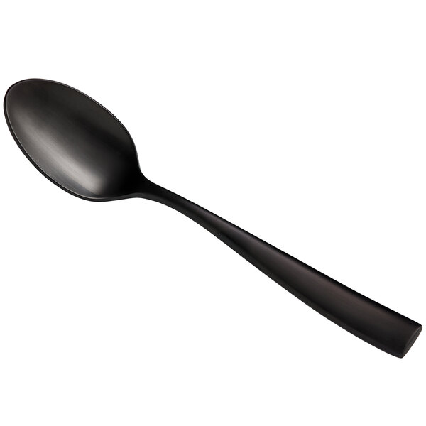 A Bon Chef matte black stainless steel soup/dessert spoon with a long handle.