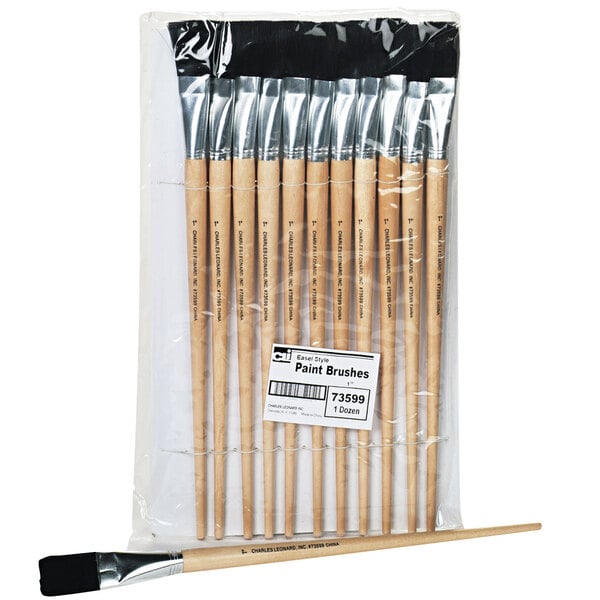 A pack of 12 Charles Leonard natural wood long handle easel brushes in plastic packaging.