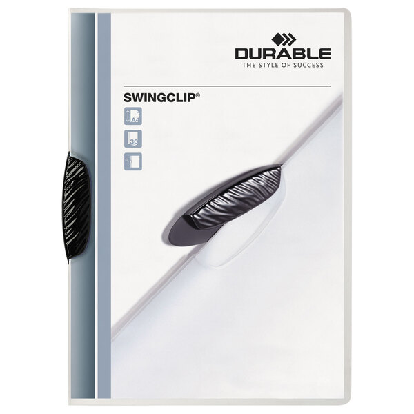 A white file folder with clear swingclip handles.