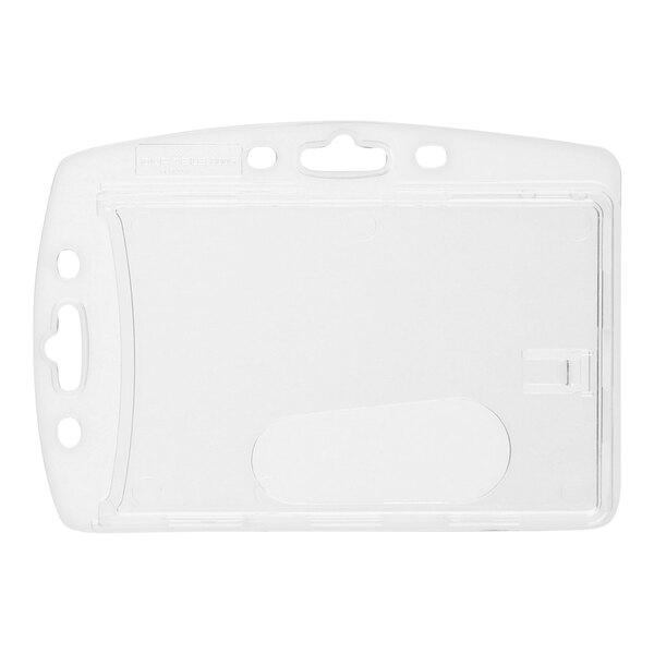 A clear, rectangular plastic badge holder with multiple slots and holes for attaching clips or lanyards.