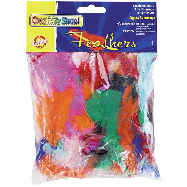 a bag of colorful feathers