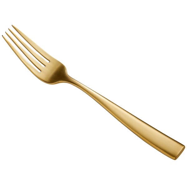 A close-up of a Bon Chef matte gold stainless steel European dinner fork.