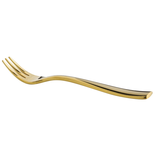 A close-up of a Bon Chef gold stainless steel oyster fork with a gold handle.