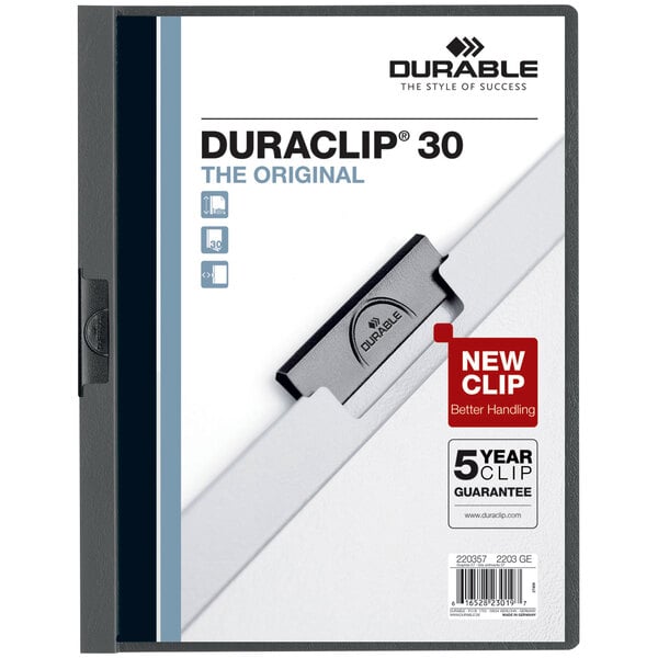 A DuraClip report cover with a clear front and graphite back and a close-up of the clip.