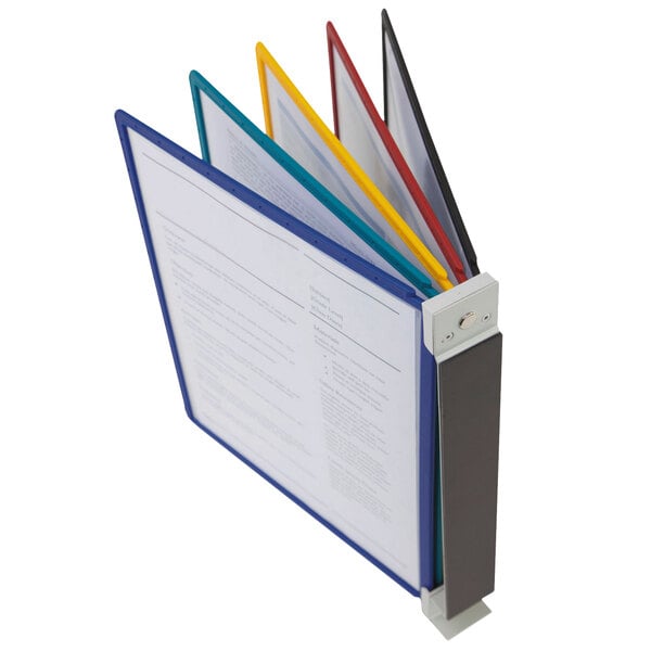 A Durable VARIO wall reference system with several folders and colored tabs.