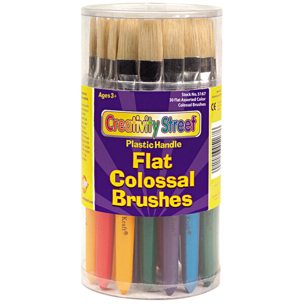 A plastic container of Creativity Street Colossal flat paint brushes.