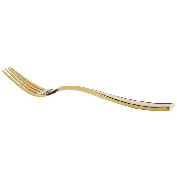 A close-up of a Bon Chef Manhattan gold stainless steel dinner fork with a white background.