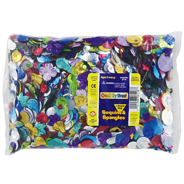A package of Creativity Street sequins and spangles in assorted metallic colors.