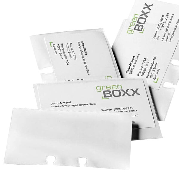 A stack of business cards in Durable clear double-sided business card sleeves.
