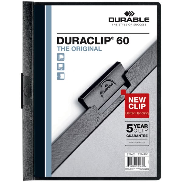 A black DuraClip report cover with a clear front and black spine.