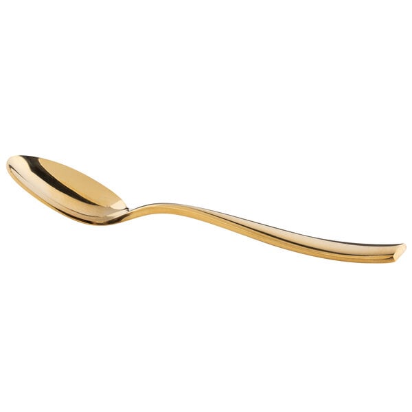 A close-up of a Bon Chef gold stainless steel teaspoon handle.