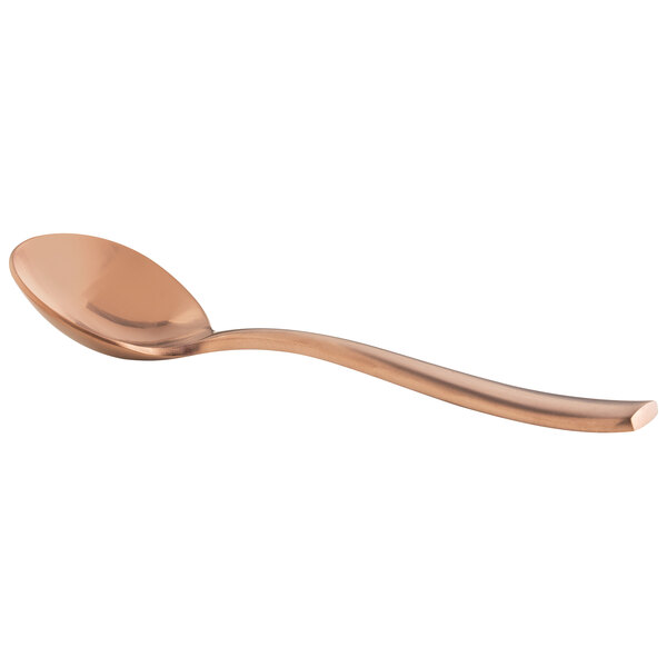 A Bon Chef bouillon spoon with a rose gold handle.