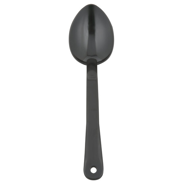 A close-up of a black Thunder Group salad bar spoon with a handle.