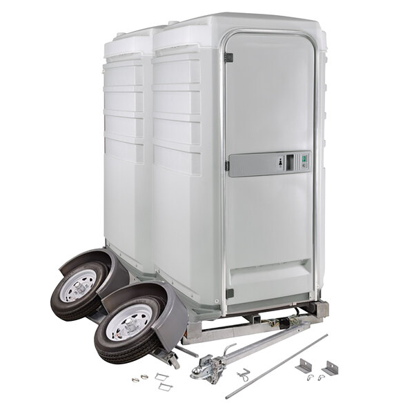 A white PolyJohn portable toilet trailer with wheels.