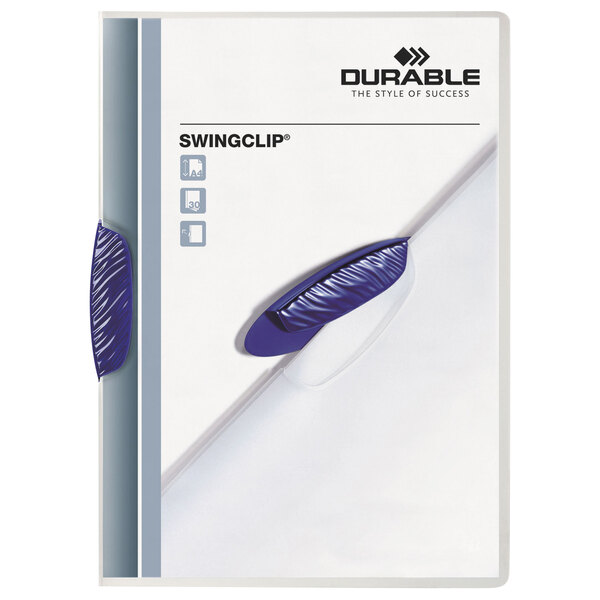 A Durable blue and clear Swingclip on a white report cover.