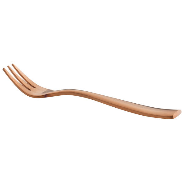 A Bon Chef rose gold stainless steel oyster fork with three prongs and a white background.