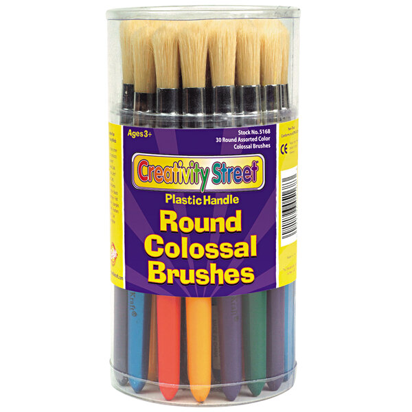 A round plastic container of Creativity Street Colossal round paint brushes.