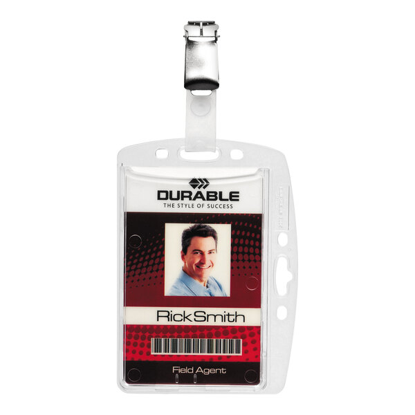 Durable 800519 3 3/8" x 2 1/8" Clear Acrylic Horizontal / Vertical Clip Badge Holder with Rotating Strap Clip - 25/Pack
