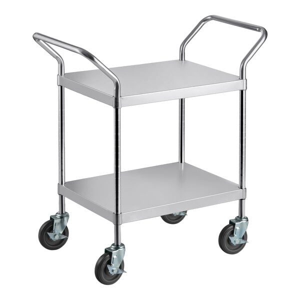 A stainless steel utility cart with two shelves and four caster wheels.