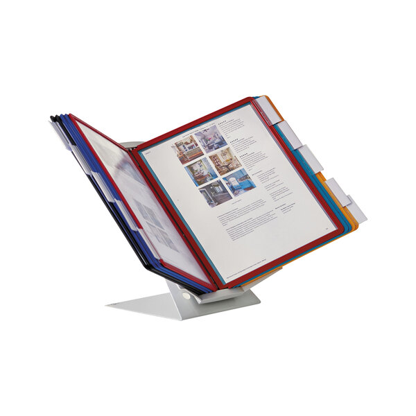 A Durable VARIO letter sized desktop reference system with several pages open on it.