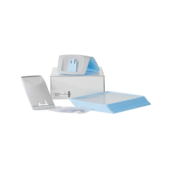 A white box with a blue label containing a Durable Blue / Gray Desktop Reference System.