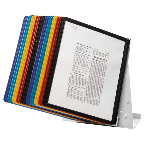 A Durable desktop reference system with colorful panels in a metal stand.