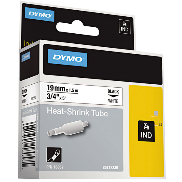 A box of DYMO black on white heat-shrink tubes with black labels.