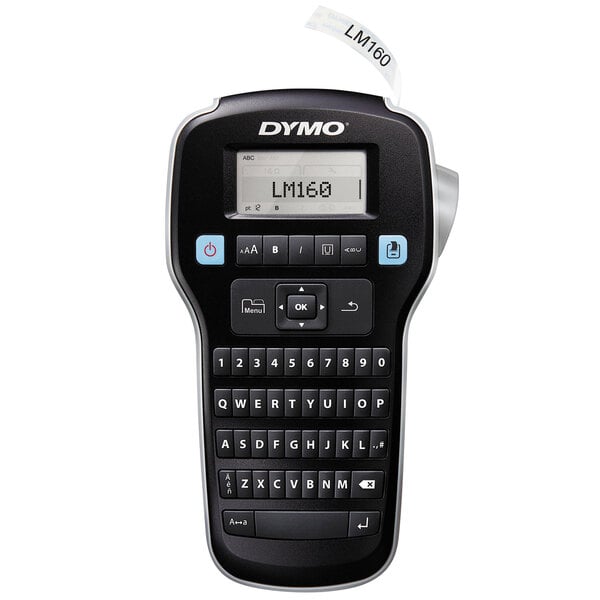 A black DYMO LabelManager 160P handheld label maker with a keyboard and a label on it.