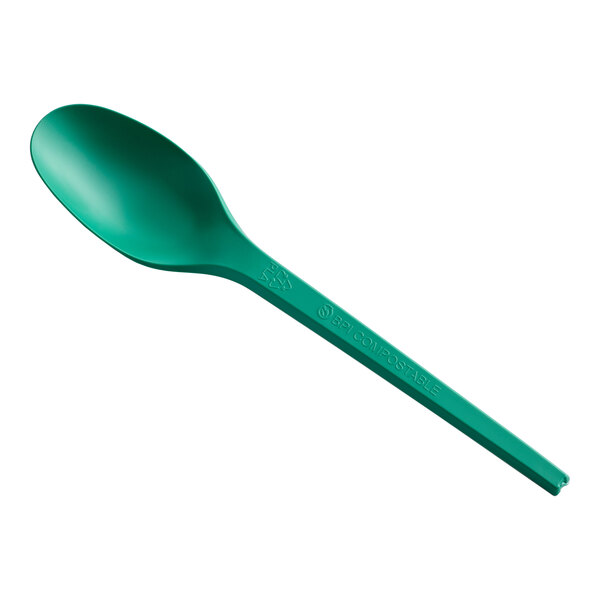 A green heavy weight 6 1/2 inch CPLA plastic spoon.
