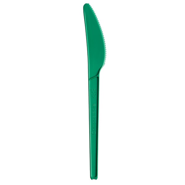 An EcoChoice green CPLA plastic knife with a green handle.