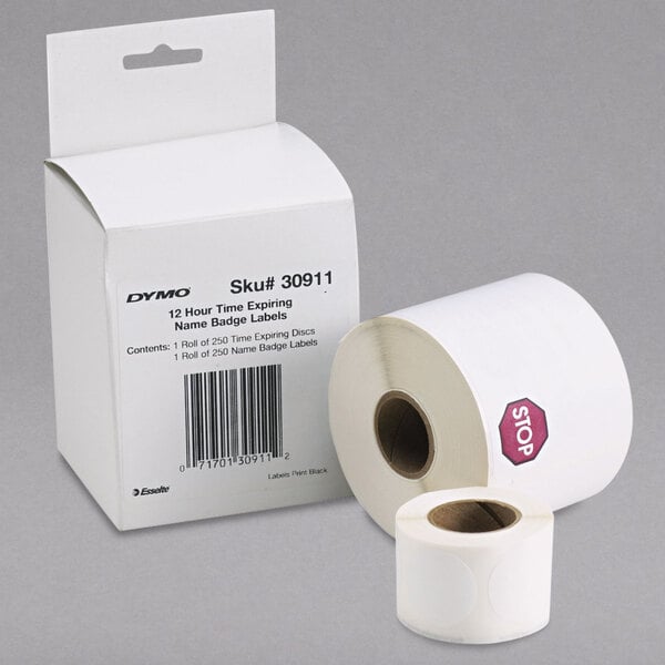 A white box of DYMO Visitor Management Time-Expiring Name Badge labels on a roll.