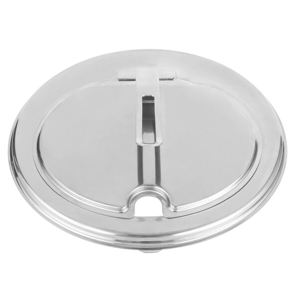 A silver stainless steel slotted round lid with a hole.