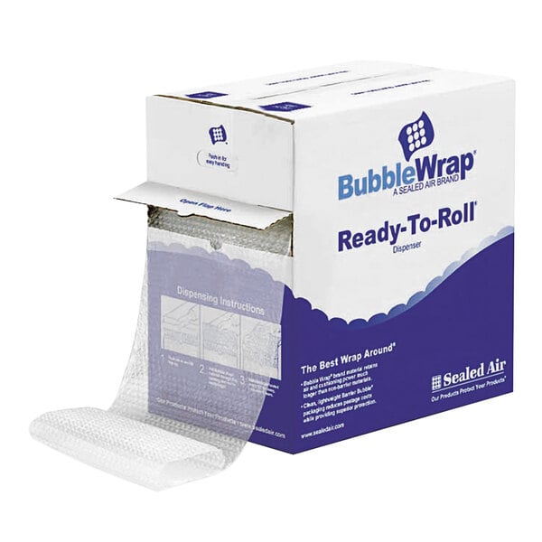 A box of Sealed Air Bubble Wrap Ready-To-Roll cushioning material with a roll of bubble wrap dispensing from the front.