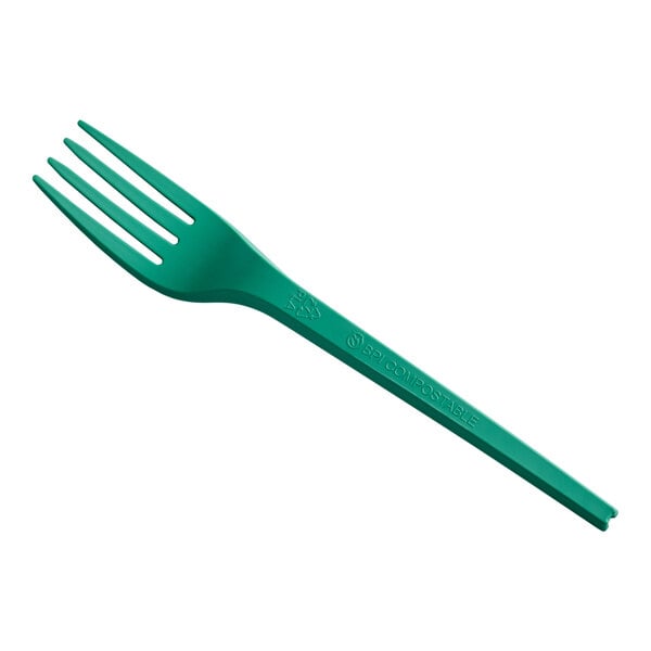 A green heavy weight 6 1/2 inch compostable plastic fork.