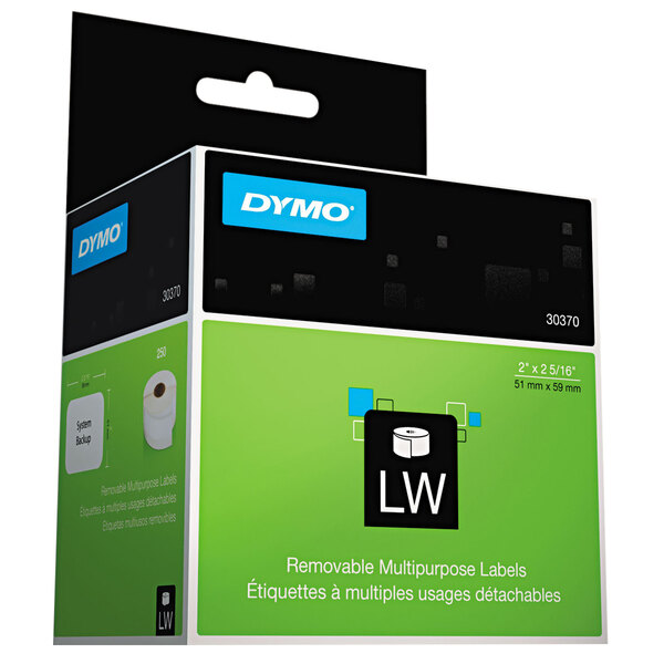 A green and black box of DYMO white multipurpose labels.