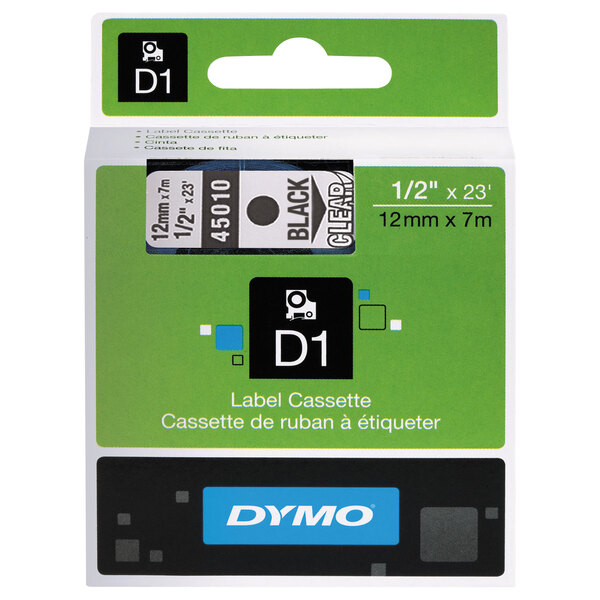 A green and white label with black text reading "DYMO" on a white background.