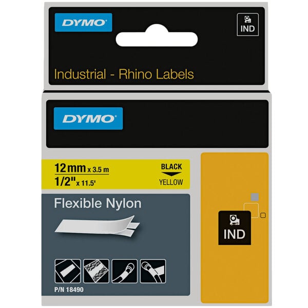 A close up of black and yellow flexible nylon industrial label tape with white text that reads "DYMO Rhino" and "1/2 inch"