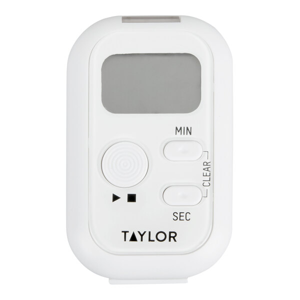 A white digital kitchen timer with a display screen, buttons for minutes and seconds, and labeled 'Taylor' at the bottom.