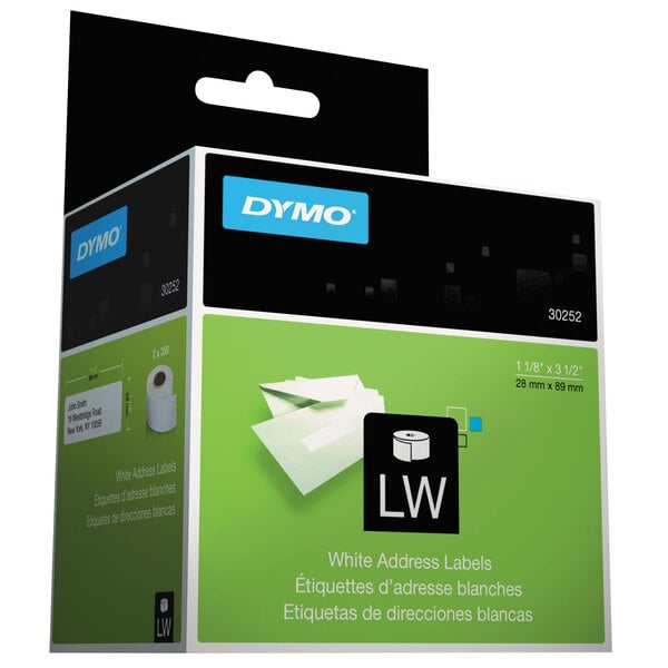 A box of 350 white DYMO address labels with white background.