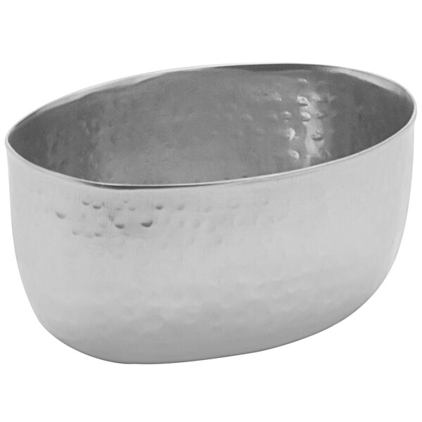 An American Metalcraft stainless steel sauce cup with a textured surface.