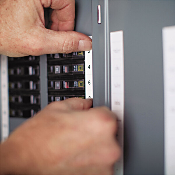 A person's hand using a black DYMO label tape on a white panel