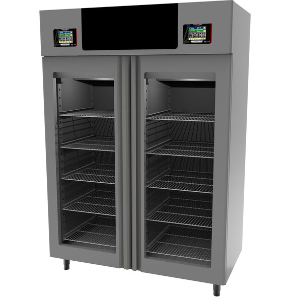 A stainless steel Maturmeat twin meat aging cabinet with glass doors and shelves.