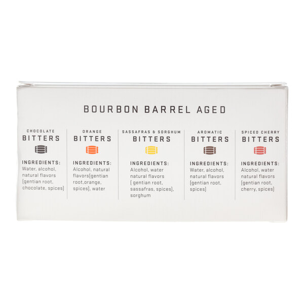 The image shows the back of a box labeled 'Bourbon Barrel Aged' with ingredient lists for five types of bitters: chocolate, orange, sassafras & sorghum, aromatic, and spiced cherry.