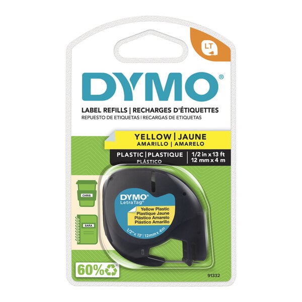 A package of black DYMO LetraTag yellow plastic label tape with a black tape dispenser.