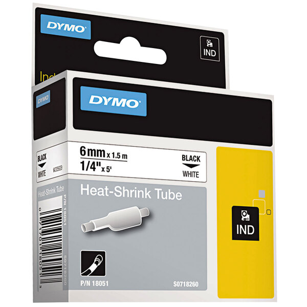 A box of DYMO black on white heat shrink tube with the text "DYMO 18051 Rhino 1/4" x 5' Black on White Heat-Shrink Tube" on the front.